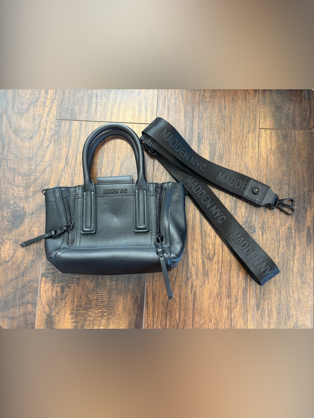 Madden NYC Mini Black Leather Zipper Satchel w/ Detachable Logo Strap